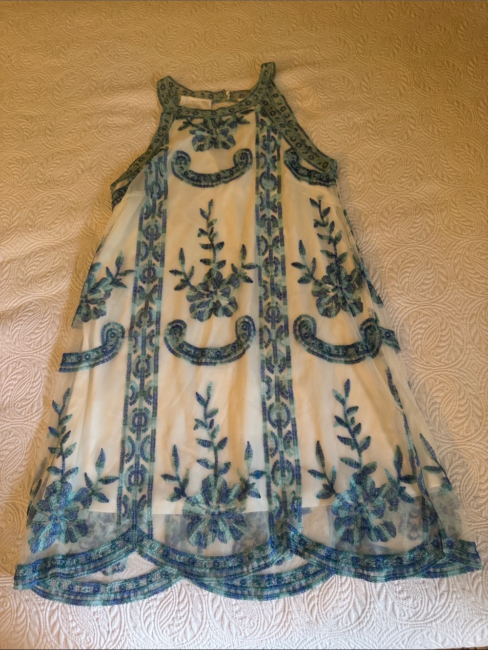 Altar'd State White Dress with Teal and Aqua Embroidery